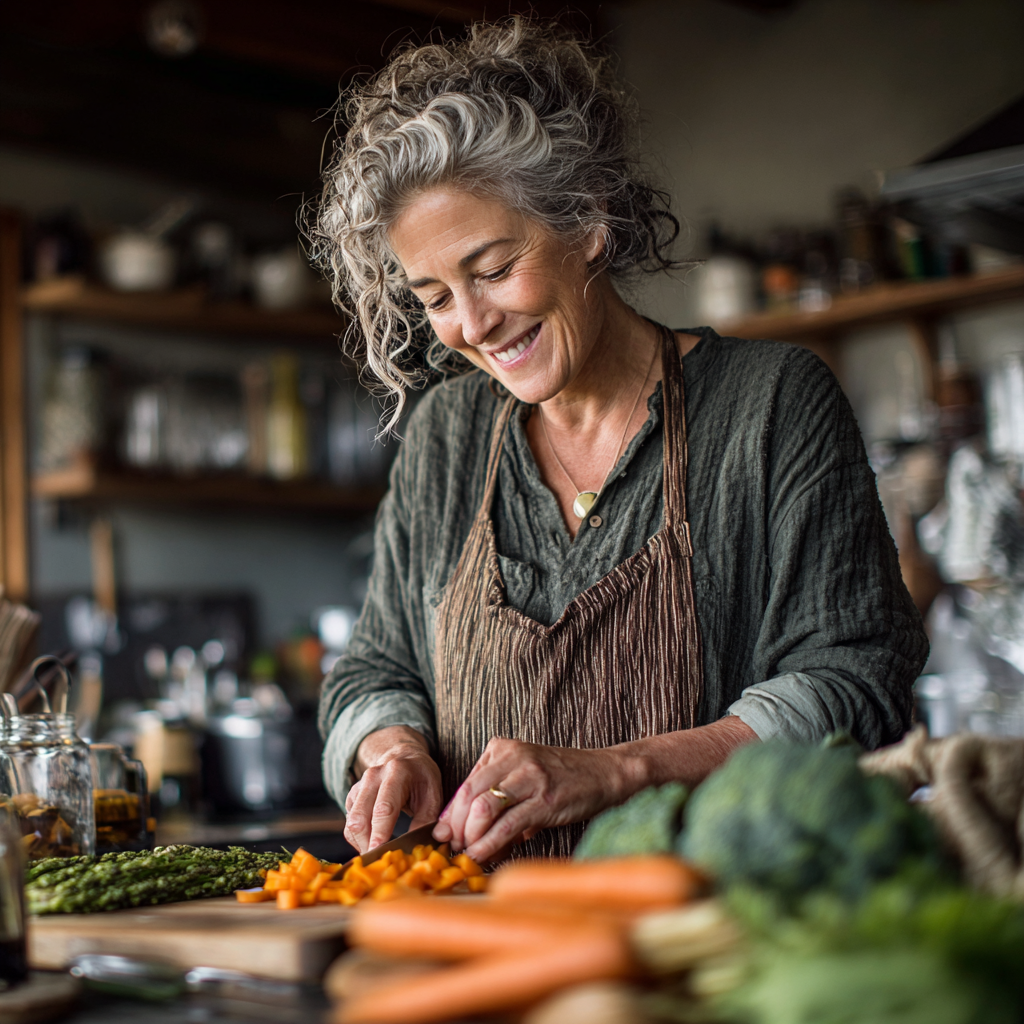 Mature woman in her 50s preparing healthy meal in modern kitchen, smiling while chopping fresh vegetables