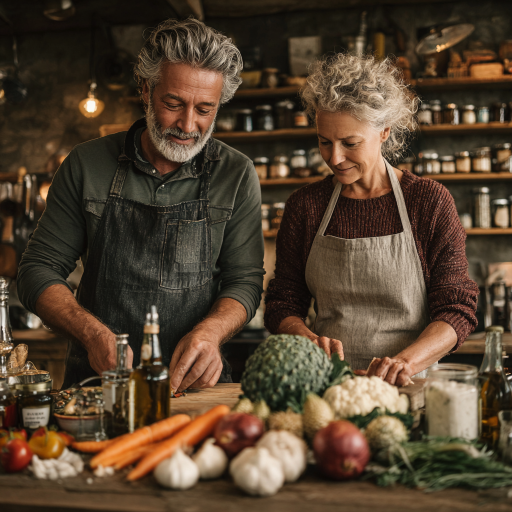Middle-aged man and woman in their 40s cooking together in kitchen, preparing healthy ingredients for meal