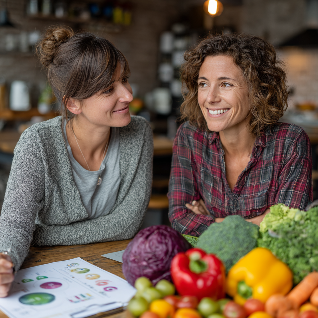 Professional nutritionist woman in her 40s consulting with client, both sitting at table with healthy food samples and nutrition charts